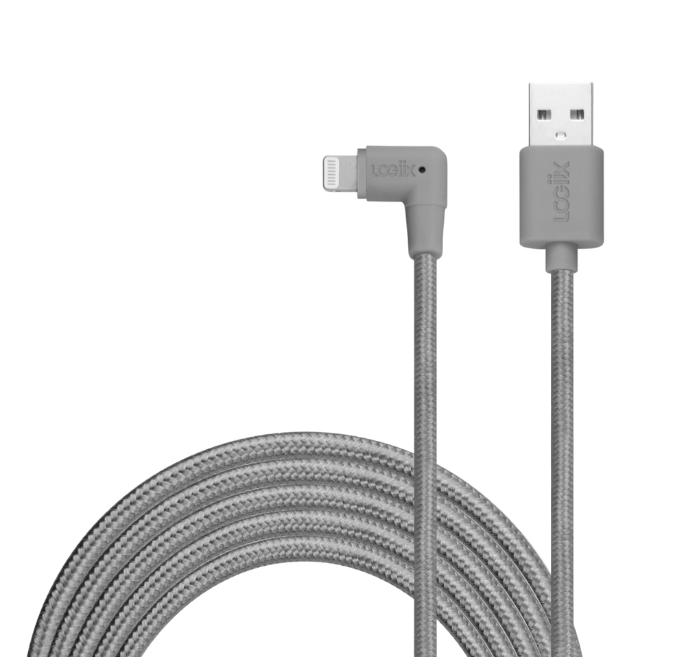 Graphite Grey iPhone charging cable, looped with a lightning connector with a USB-A cable to charge your iPhone.  Braided grey 3 metre iPhone cable.
