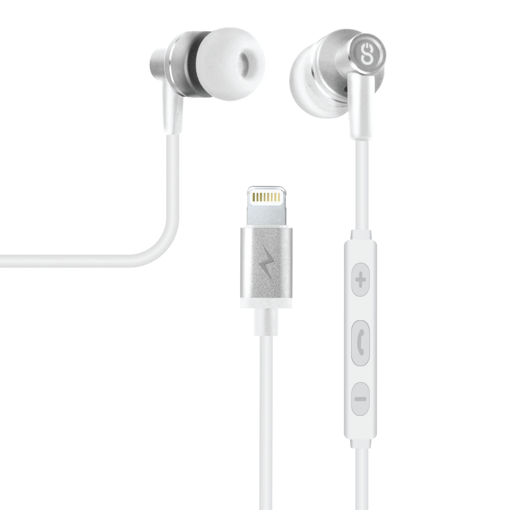 These are silver in-ear wired earbuds. Lightning earphones, headphones with mic with a connector for Apple devices
