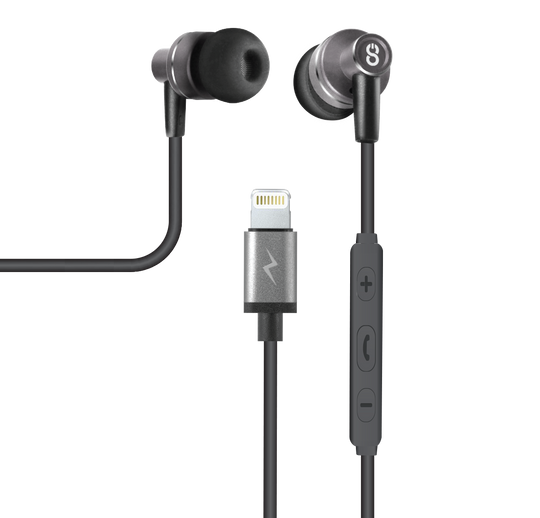 These are graphite grey in-ear wired earbuds. Lightning earphones iPhone devices, headphones with mic and a connector for Apple earbuds