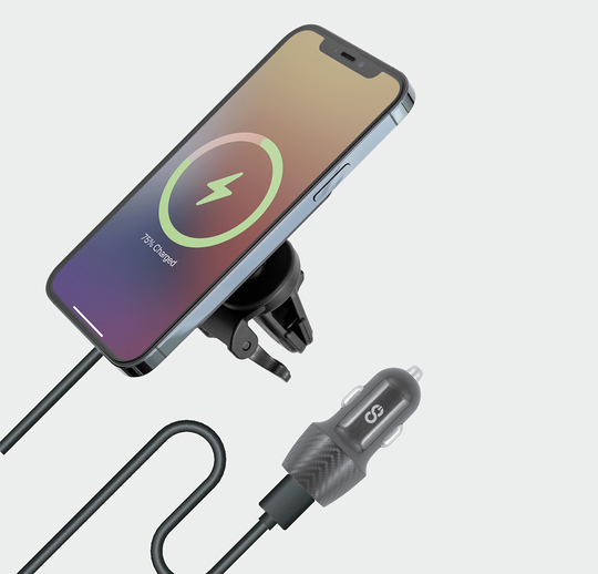 MagSafe compatible black auto charger charging an iPhone 12, connected to a 1.5m USB-C cable and 18W fast charging car charger.
