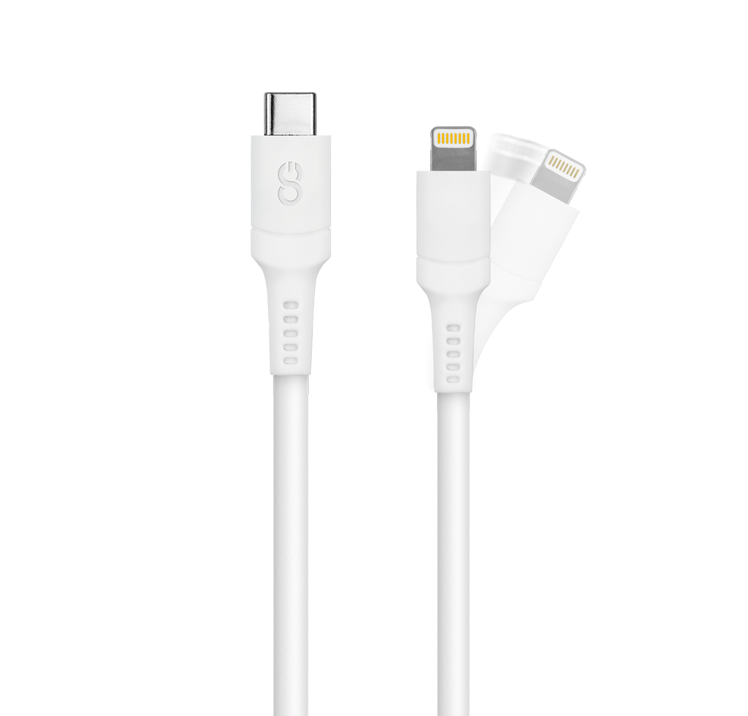 1.2M white USB-C to Lightning cable with Type C connector and Lightning connector, perfect for use as an iPhone charging cable. Apple charging cable with anti-stress connectors.