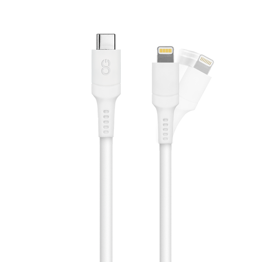 1.2M white USB-C to Lightning cable with Type C connector and Lightning connector, perfect for use as an iPhone charging cable. Apple charging cable with anti-stress connectors.