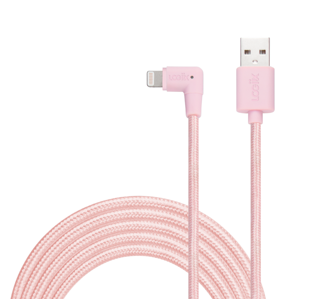 Pink iPhone charging cable, looped with a lightning connector with a USB-A cable to charge your iPhone. Braided white 3 metre iPhone cable.