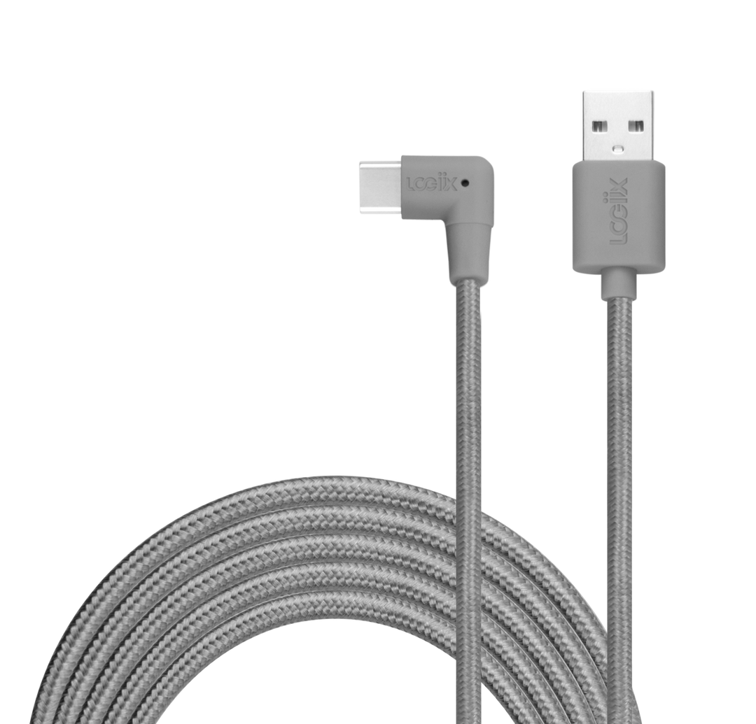 Grey ultra-durable charging cable for Android devices, looped with a lightning connector with a USB-A cable to charge your iPhone. Braided white 3 metre cable for charging samsung, huawei, one plus and other android devices.