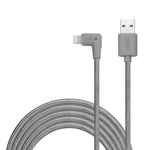 Graphite Grey iPhone charging cable, looped with a lightning connector with a USB-A cable to charge your iPhone.  Braided grey 3 metre iPhone cable.