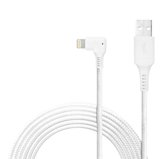 White ultra-durable iPhone charging cable, looped with a lightning connector with a USB-A cable to charge your iPhone. Braided white 3 metre iPhone cable.