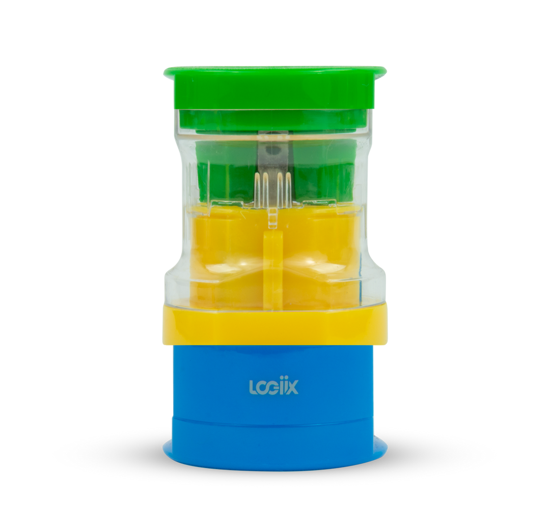 This multi-coloured travel adapter is green, yellow and blue. This universal travel adapter features 3 individual power adapters for the US/Australia, Europe and Asia. This universal adapter clip together for easy transportation when traveling.