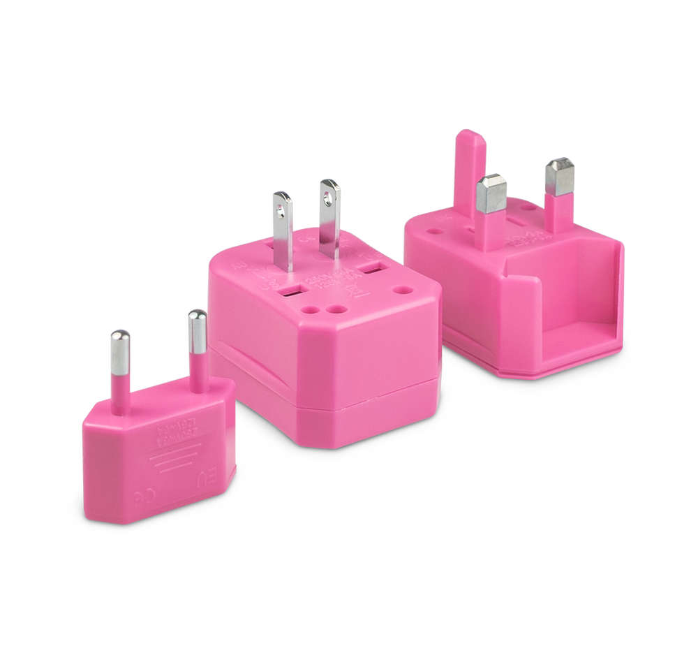 Three pieces of the universal travel adapter. This travel plug adapter is Pink. The World Traveler Travel Adapter is the perfect compact travel adapter to charge your tech on-the-go.