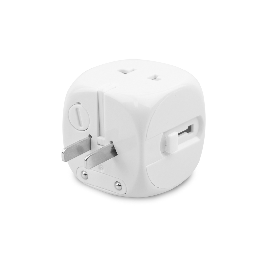 This is a compact white universal travel adapter. This travel power adapter can charge 2 devices simultaneously.  This travel adapter also features retractable charging prongs 