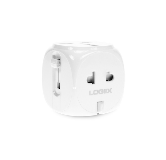 This is a compact white universal travel adapter. This travel power adapter can charge 2 devices simultaneously. 