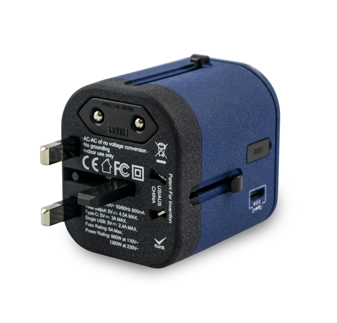 A textured blue and black universal travel adapter. Features 3 build in USB chargers and works in over 150 countries. This world travel adapter kit allows you to charge 5 devices simultaneously. The US, Australia, Europe and Asia plugs fold away when not in use for easy transportation.